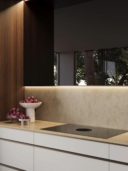 Kitchen with Caesarstone Mosstone Benchtop and Splashback